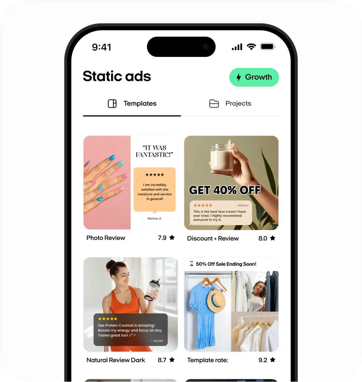 Creative builder showing AI-generated ad layouts with copy editor
