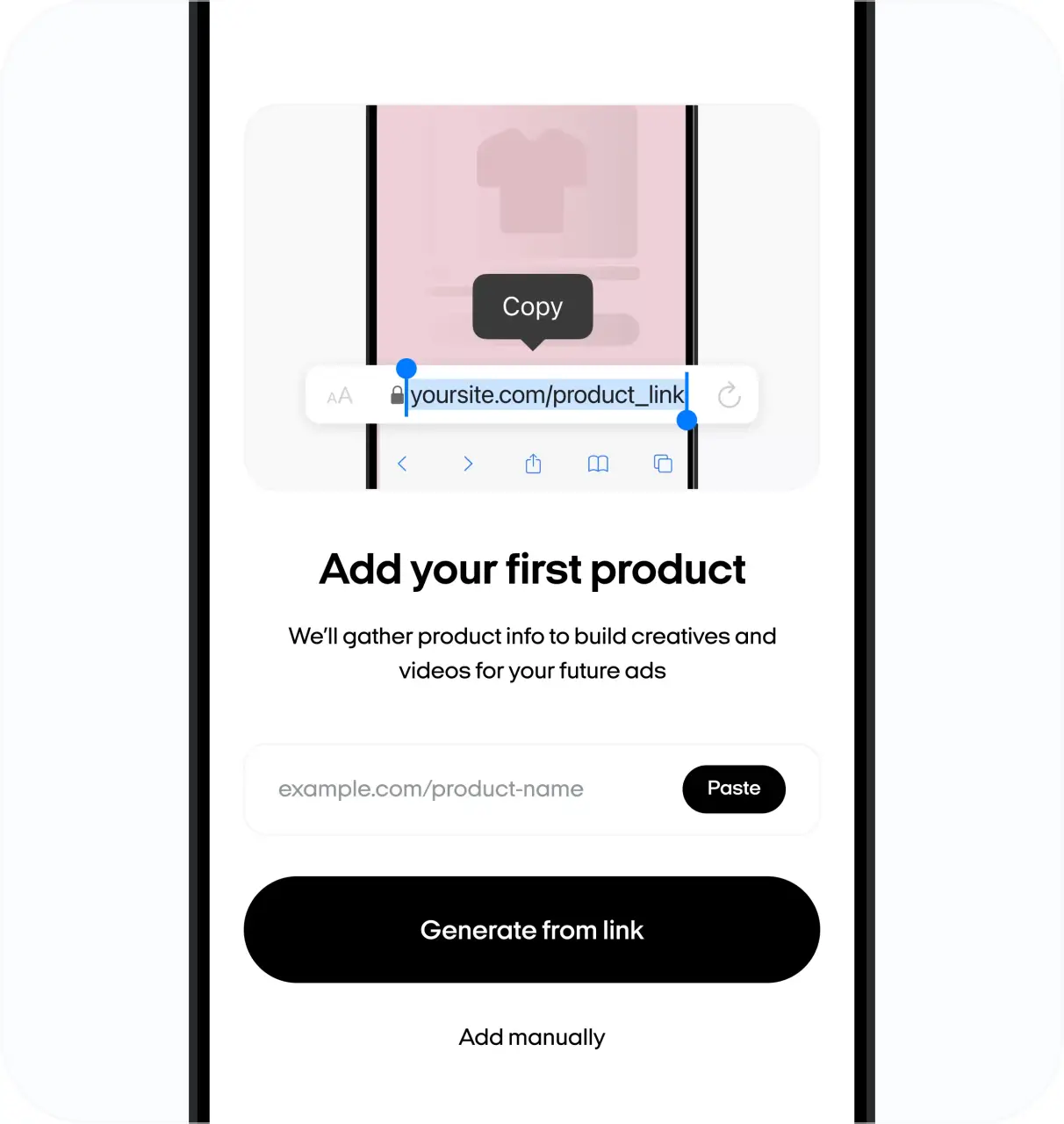 Product URL input interface with automatic data extraction